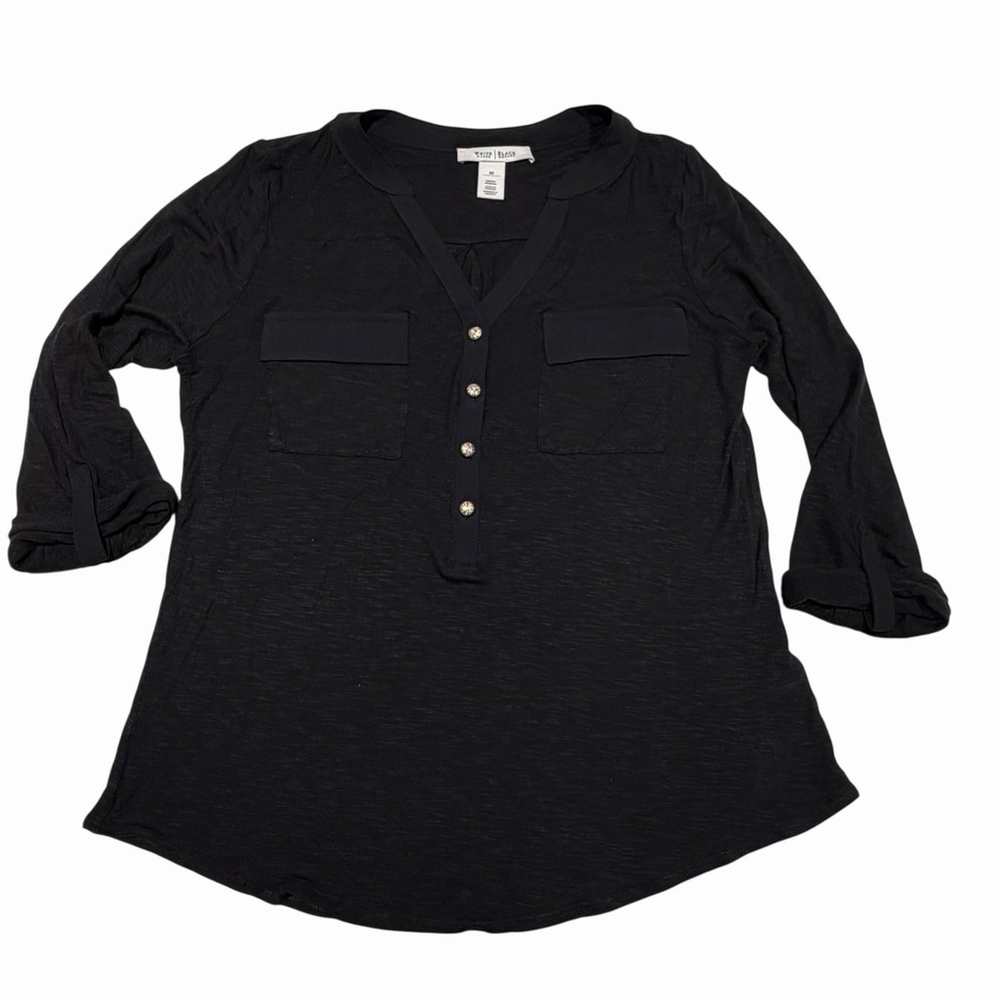 White House Black‎ Market Black Burnout 1/4 Button V Neck Long Sleeve Size M
